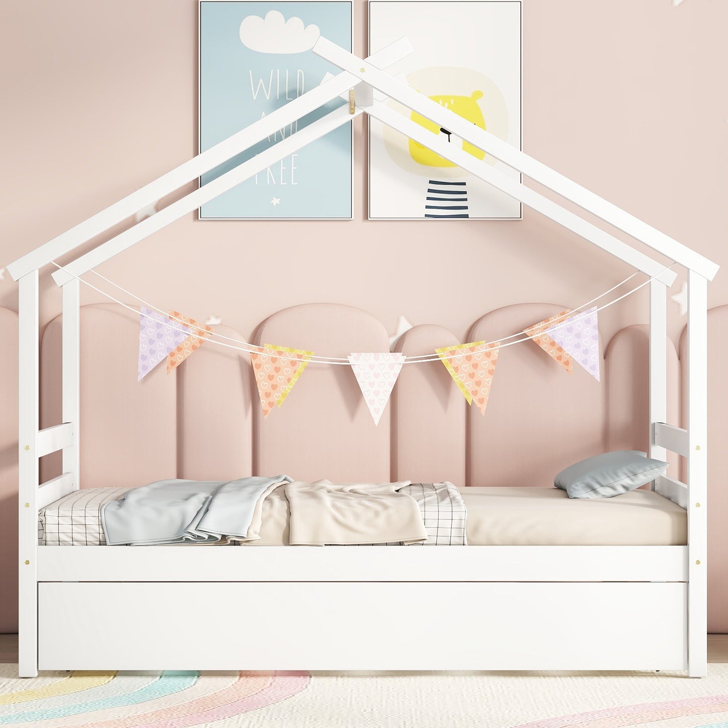 Twin Size  House-shaped Bed with Trundle,White