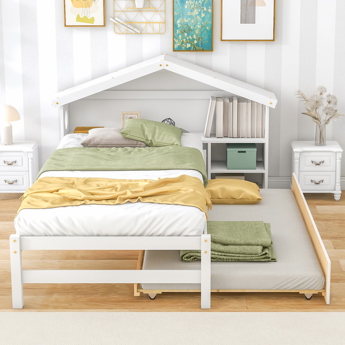 Twin Storage House Bed for kids with Bedside Table, Trundle, White