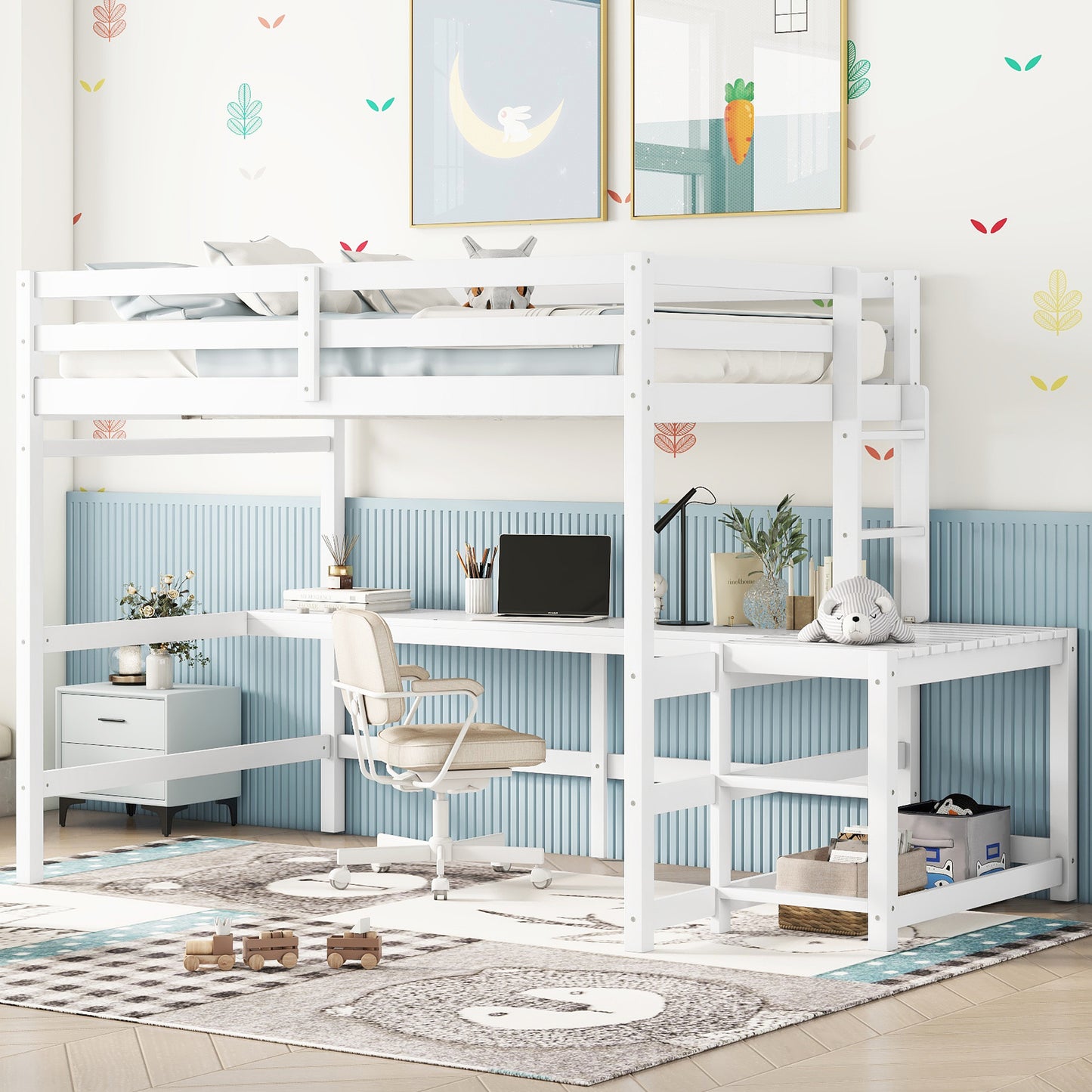 Full Loft Bed with Built-in Desk, Ladder Platform, Ladders, Guardrails,White