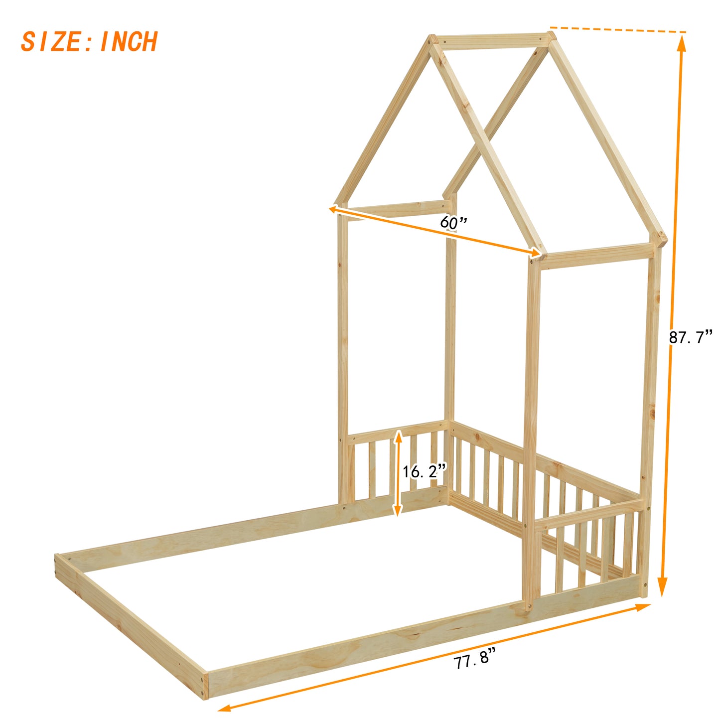 Full Roof-framed Headboard Floor Bed with Headboard Guardrails, without Slats,Natural