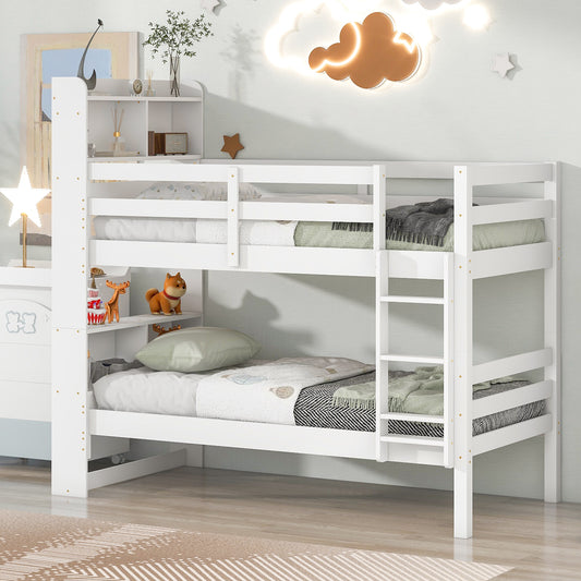 Twin Over Twin Bunk Beds with Bookcase Headboard, Solid Wood Bed Frame with Safety Rail and Ladder, Kids/Teens Bedroom, Guest Room Furniture, Can Be converted into 2 Beds, White