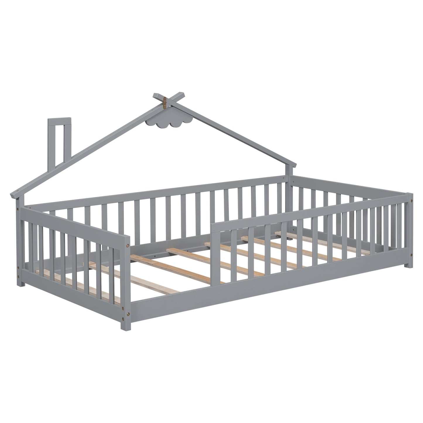 Twin House-Shaped Bedside Floor Bed with Guardrails, Slats, without Door ,Grey