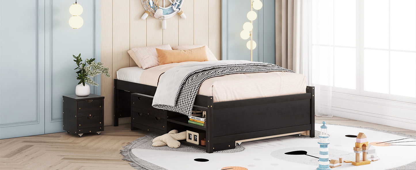 Versatile Full Bed with Trundle,Under bed Storage Box and Nightstand .Espresso