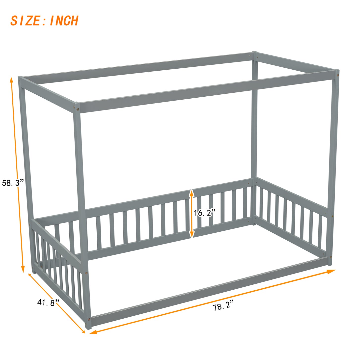 Twin Size Canopy Frame Floor Bed with Fence, Guardrails,Grey