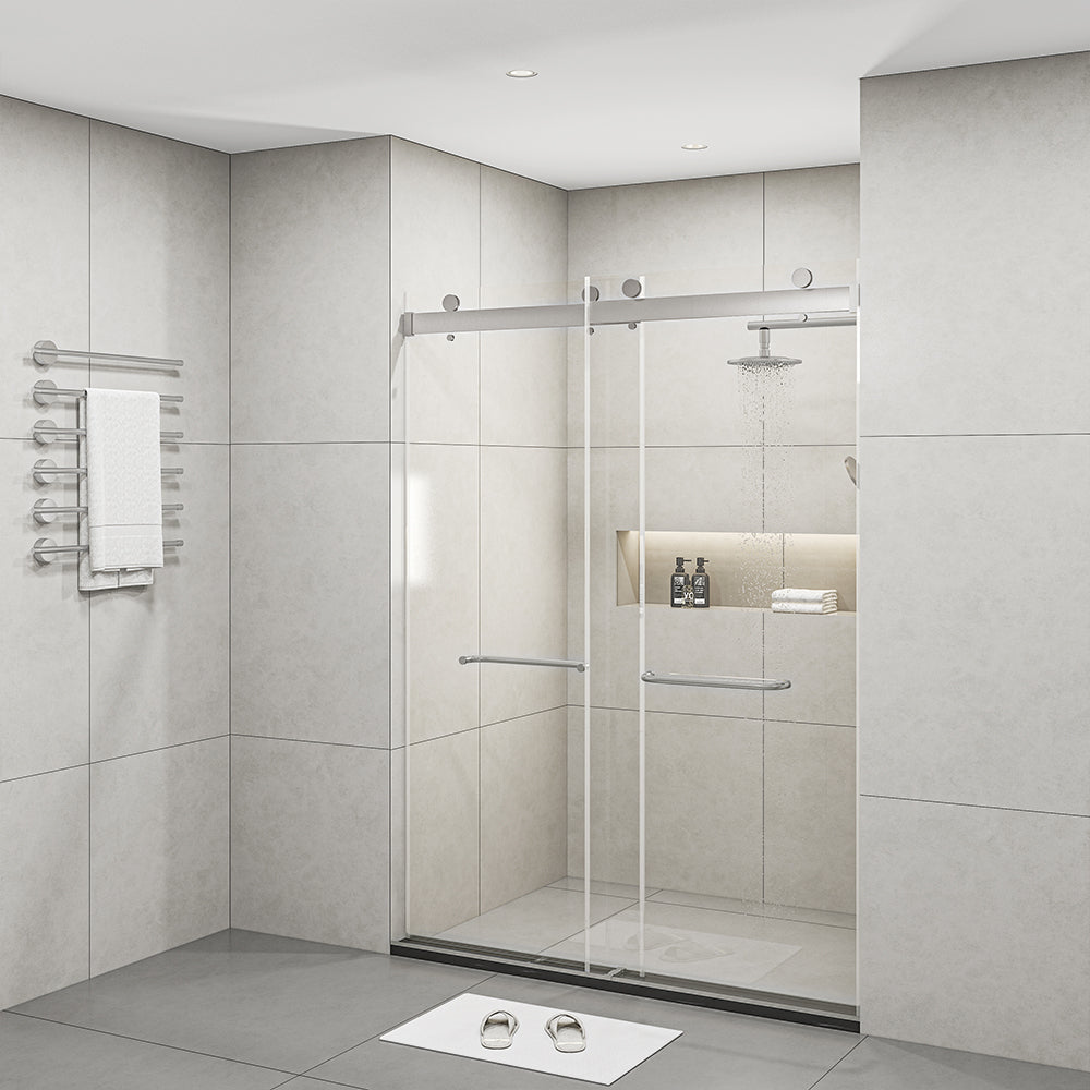 Frameless Sliding Glass Shower Doors 60" Width x 76"Height with 3/8"(10mm) Clear Tempered Glass, Brushed Nickel