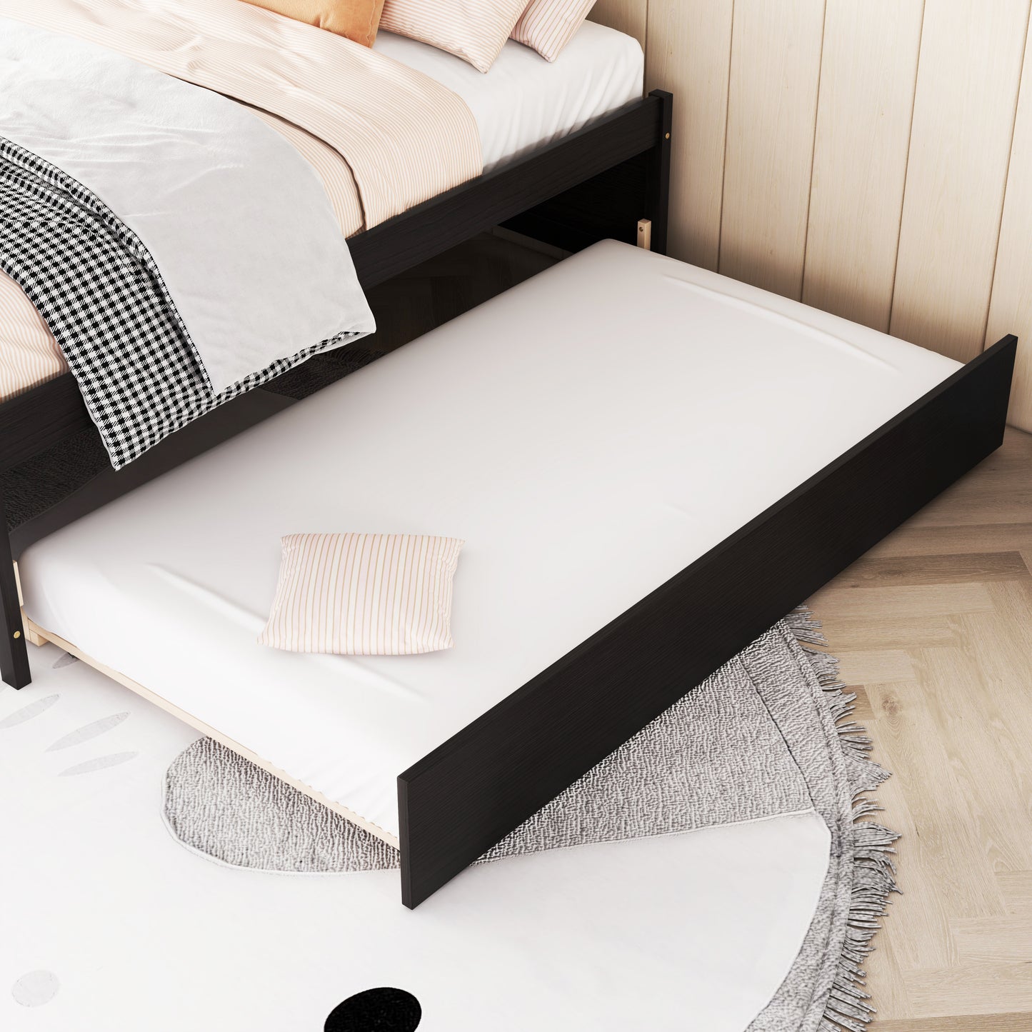 Versatile Full Bed with Trundle,Under bed Storage Box and Nightstand .Espresso