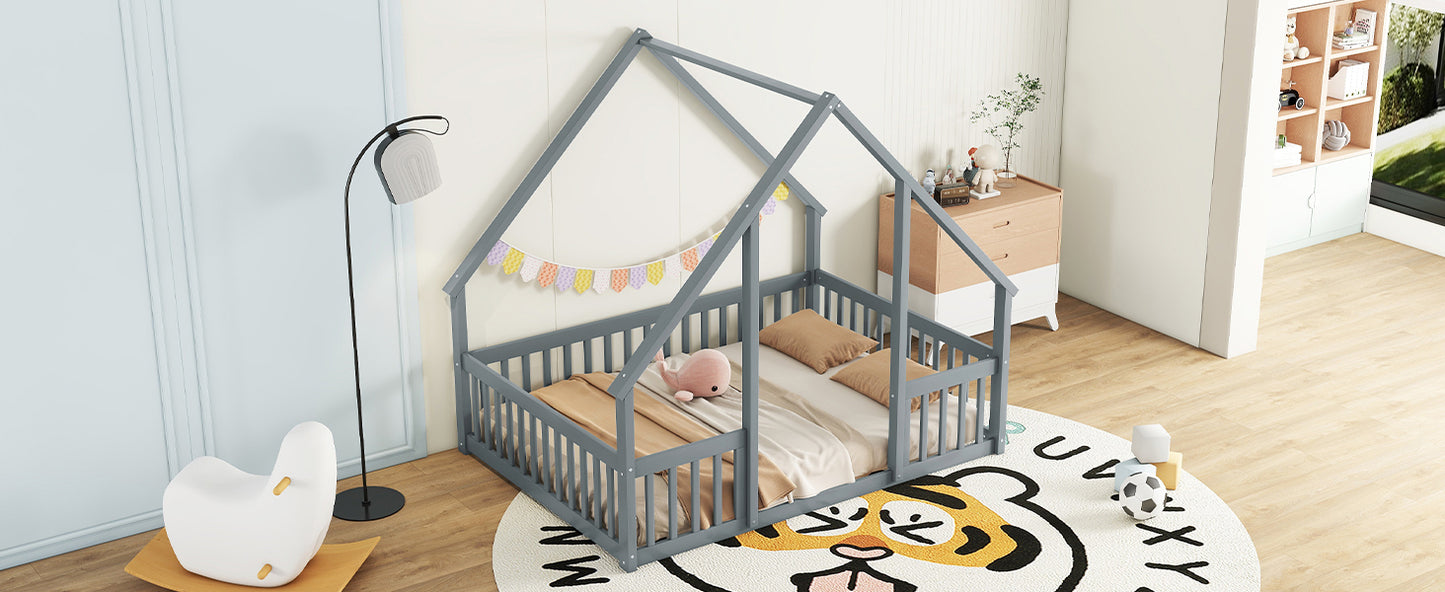 Full Wood House-Shaped Floor Bed with Fence, Guardrails,Grey