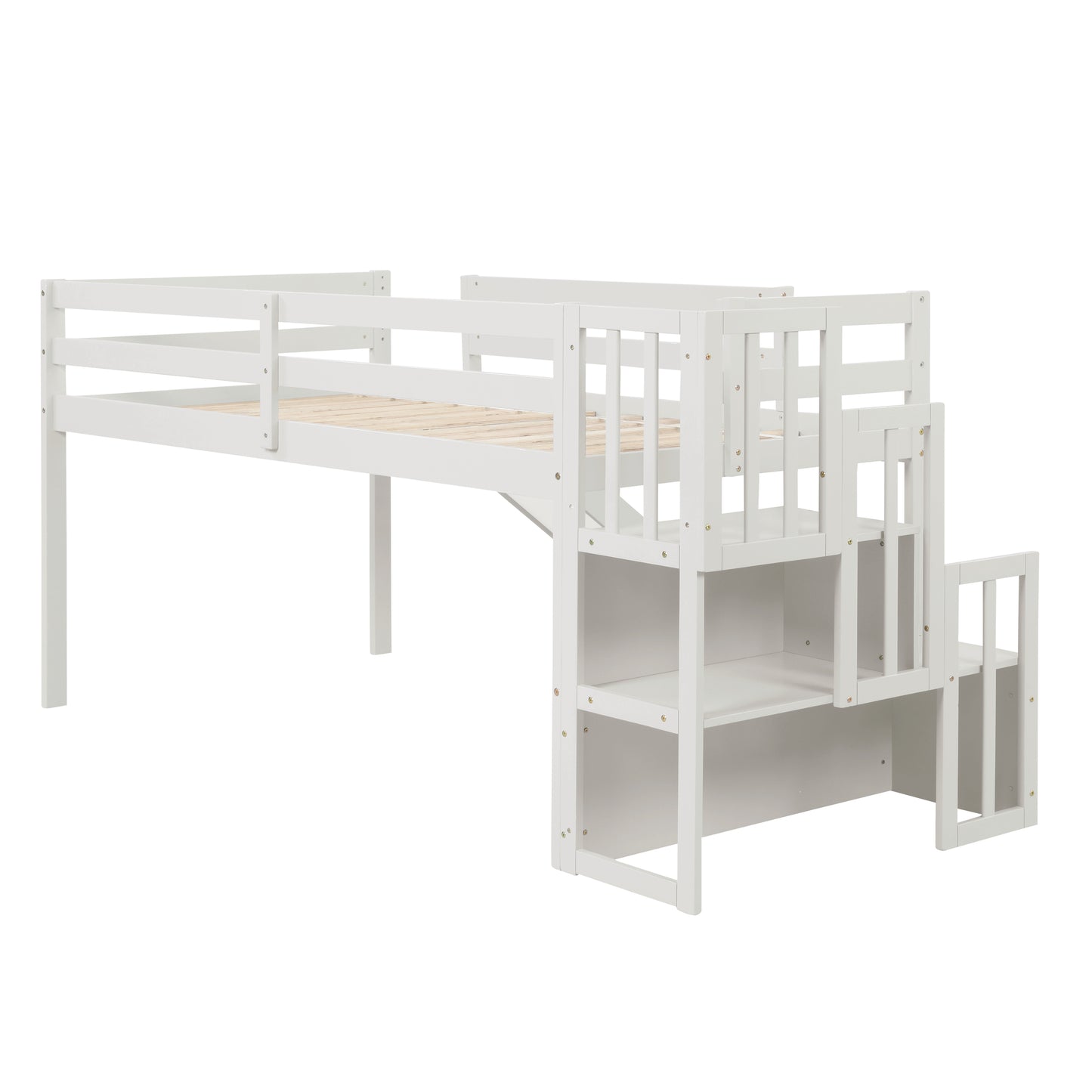 Loft Bed with Staircase, Storage, Slide, Twin size, Full-length Safety Guardrails, No Box Spring Needed, White (Old Sku:W504S00004)