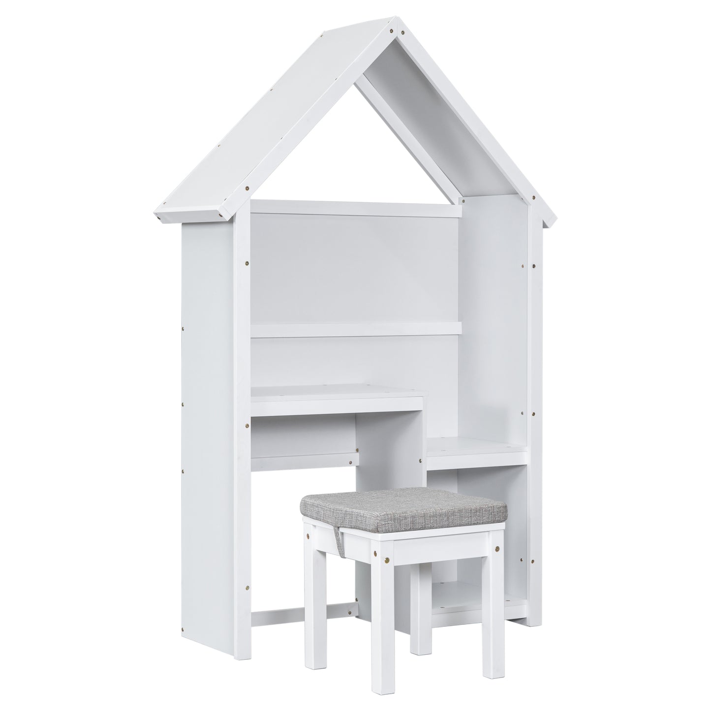 House-Shaped Kids Desk with a cushion stool,House-Style Desk and Stool Set,White