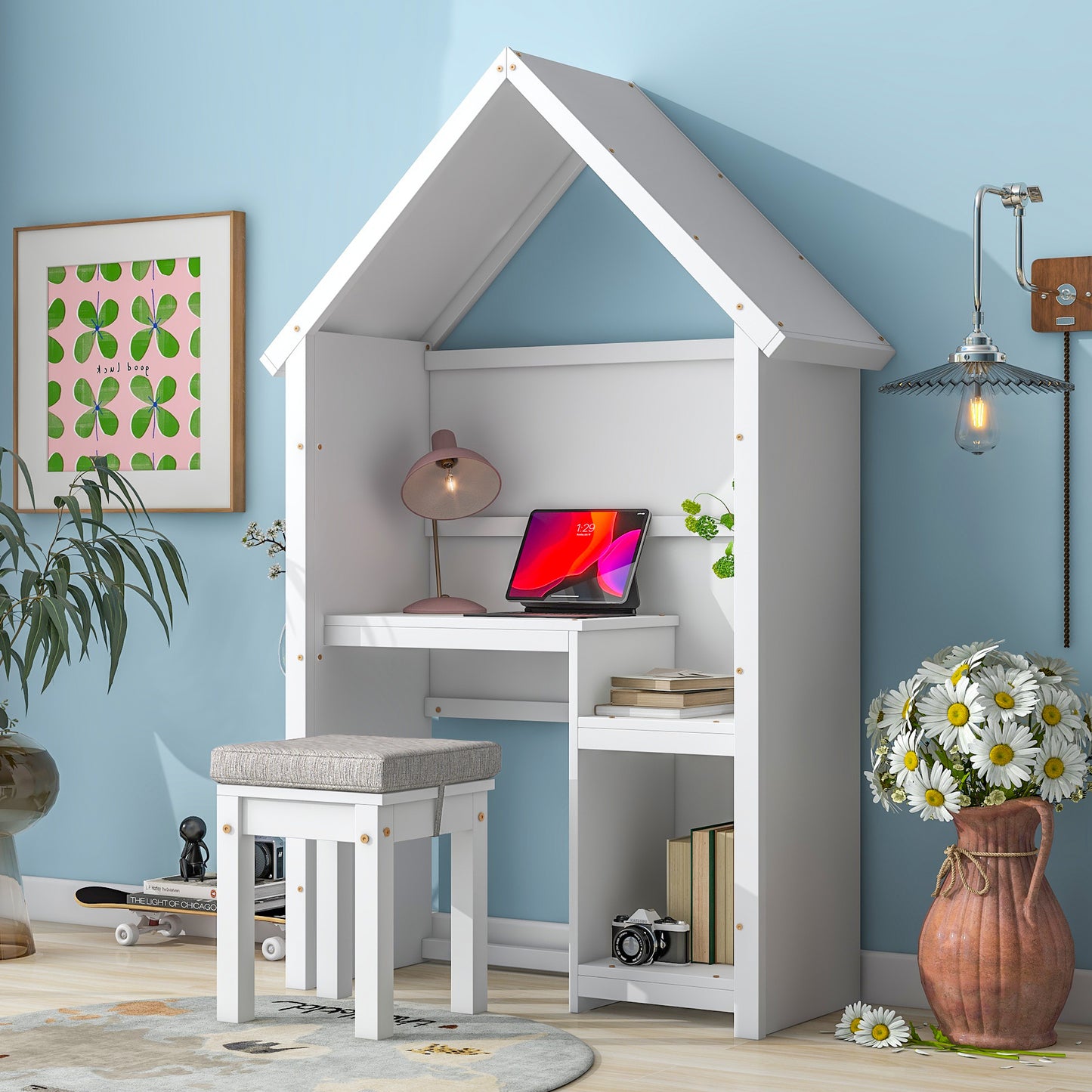 House-Shaped Kids Desk with a cushion stool,House-Style Desk and Stool Set,White