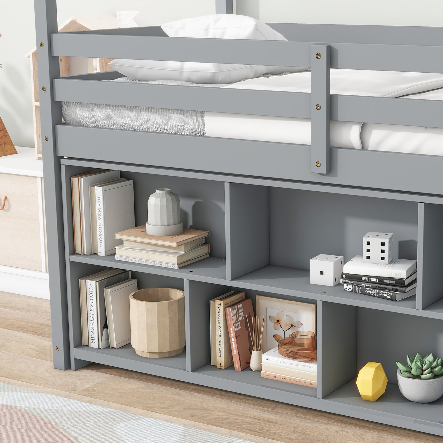 Twin House Loft Bed with Roof Frame, Under Bed Shelving Storage Unit, Guardrails, Ladder,Grey