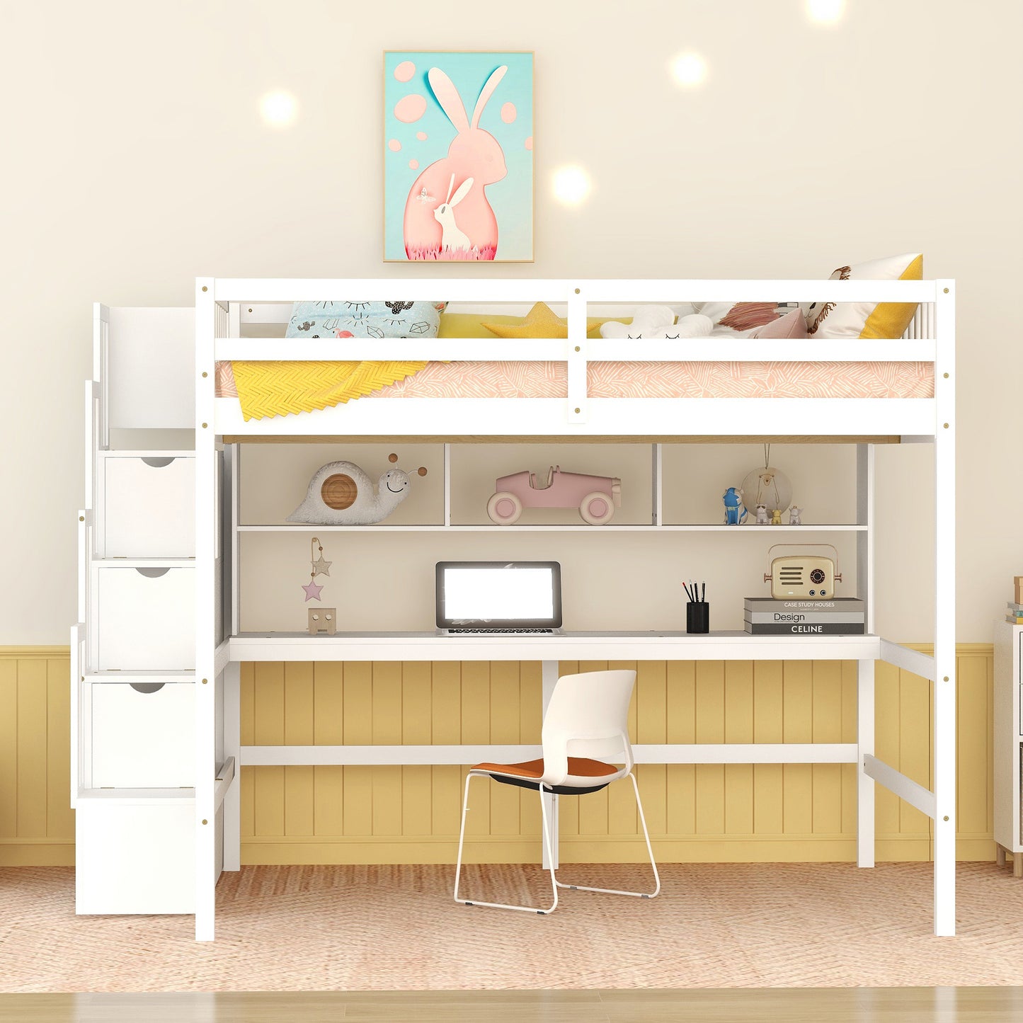 Full Size Loft Bed with Built-in Desk, Bookshelves and Storage Staircase,White(Old SKU:W504S00110)