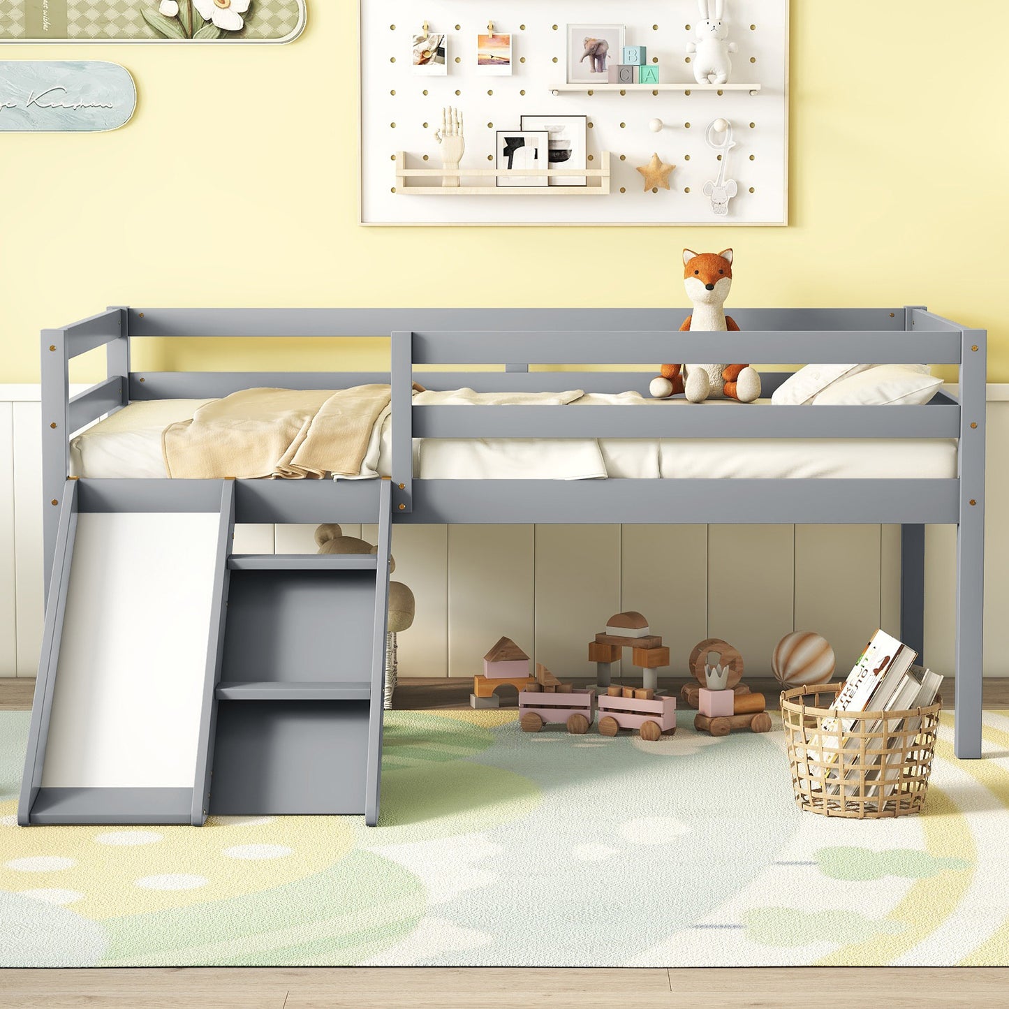 Twin Low Loft Bed with Slide,  Ladder, Safety Guardrails, No Box Spring Needed,Grey