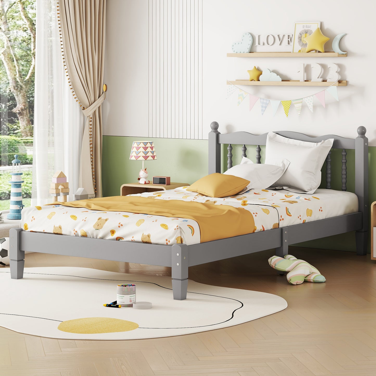 Twin Bed with Column-Decoration Headboard, with Bed Slats,Grey