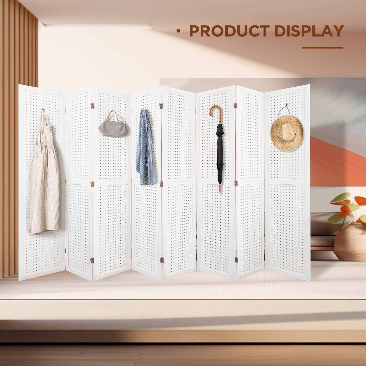 8 Panel Room Divider, 5.6Ft Pegboard Display Wooden Room Divider Folding Privacy Screen Room Divider Freestanding Peg Board Display for Trade Show Craft Show Home Wall Organizer,Elegant White