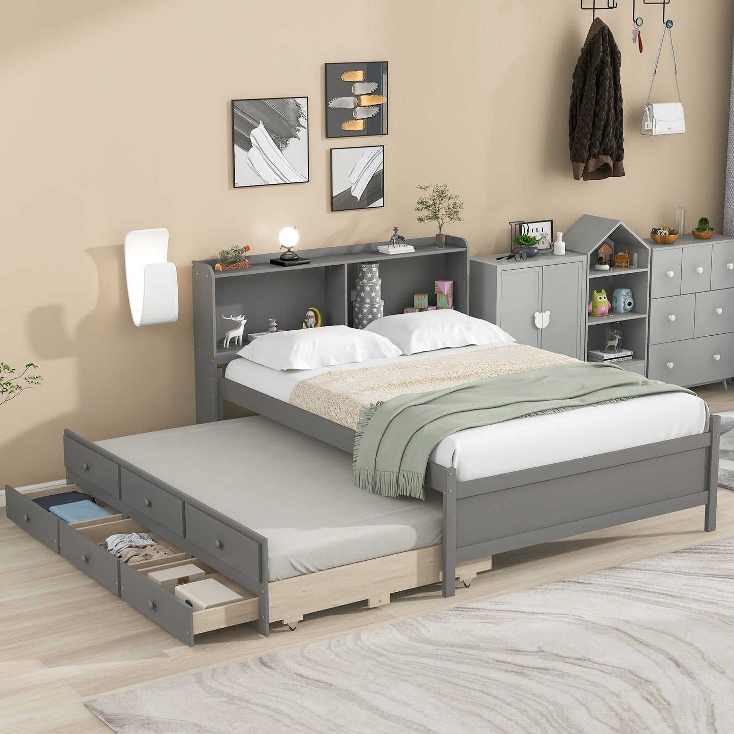 Full Bed with Bookcase,Twin Trundle,Drawers,Grey