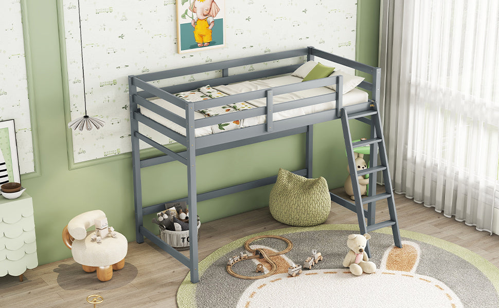 Twin Size High Loft Bed with inclined Ladder, Guardrails,Grey