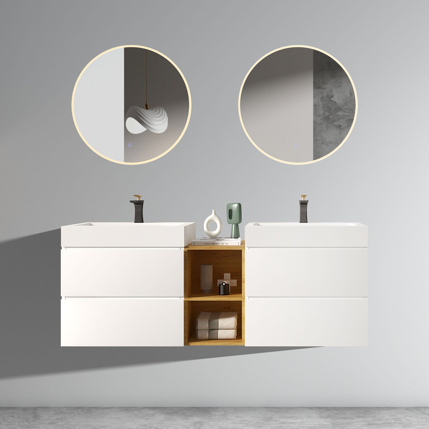 U063-ALICE72W-201 Alice 72" White Bathroom Vanity with Double Sinks and Open Shelf, Modern Wall Mounted Floating Bathroom Vanity, One-Piece Sink Basin without Drain and Faucet