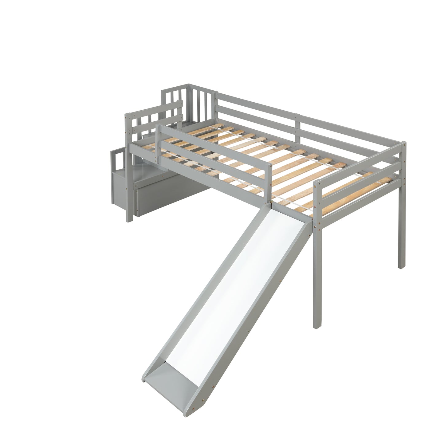 Loft Bed with Staircase, Storage, Slide, Twin size, Full-length Safety Guardrails, No Box Spring Needed, Grey (Old Sku:W504S00005)