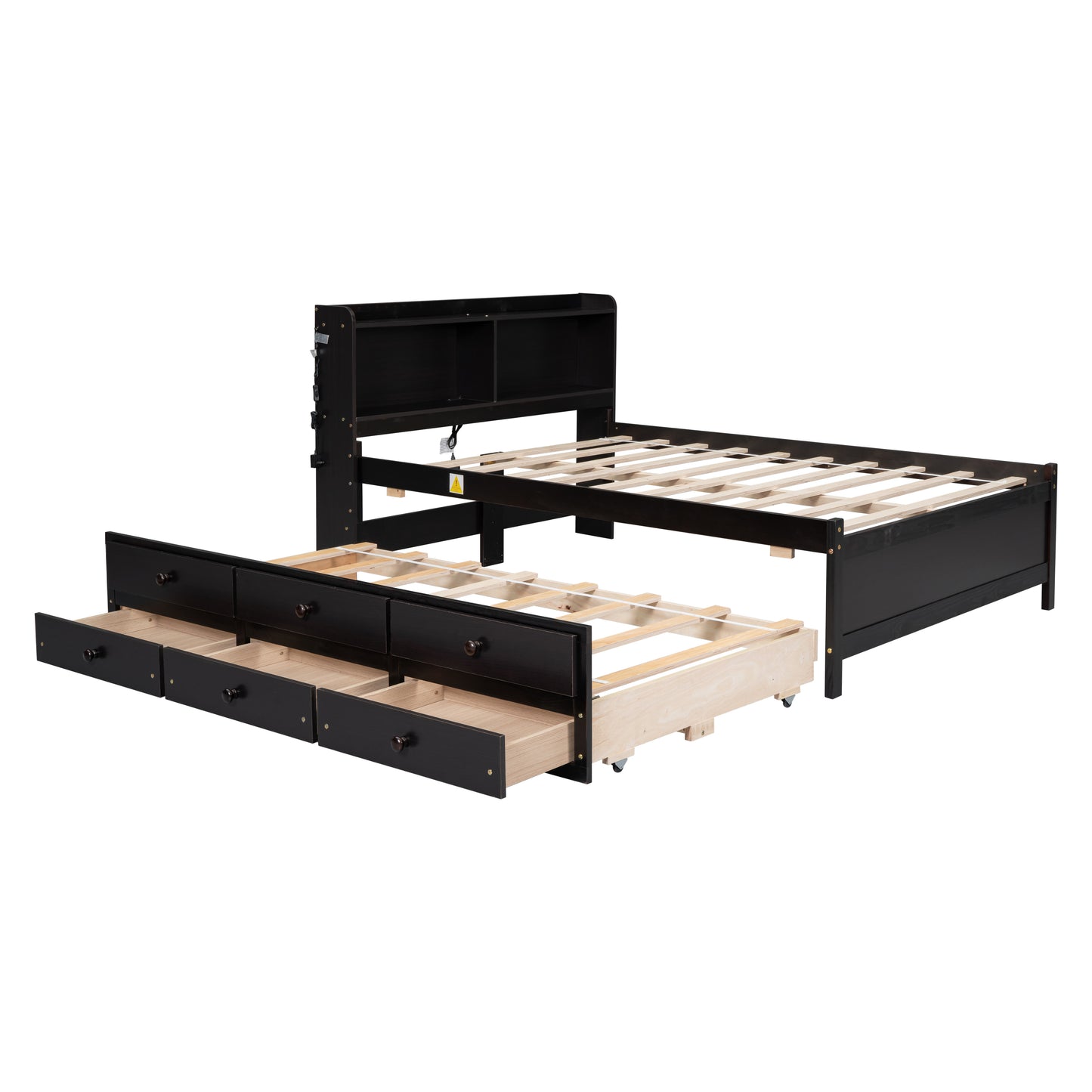 Full Size Bed with USB & Type-C Ports, LED light, Bookcase Headboard, Trundle and 3 Storage Drawers , Full Size Size Bed with  Bookcase Headboard, Trundle and Storage drawers,Espresso