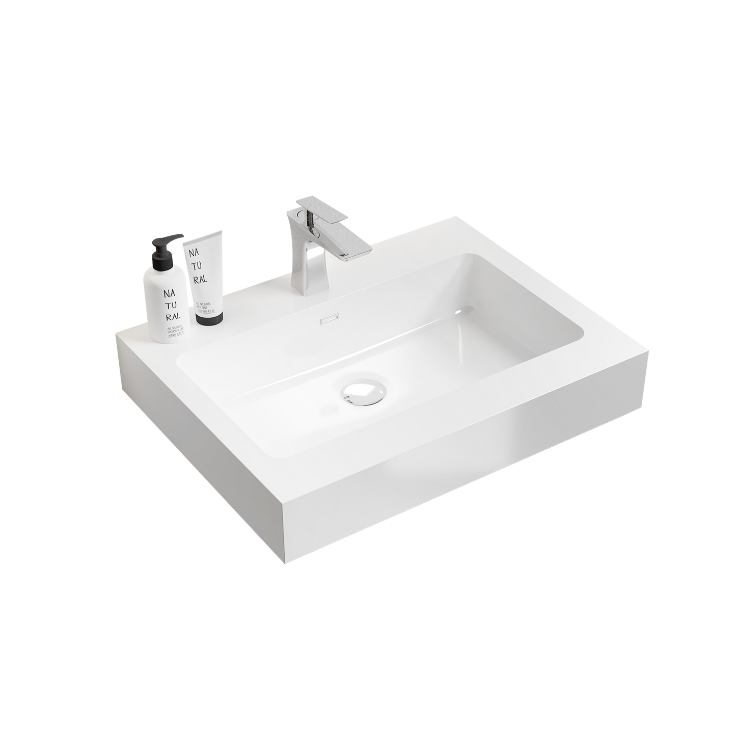 BB02-24-101, Integrated solid surface basin WITHOUT drain & faucet, glossy white color