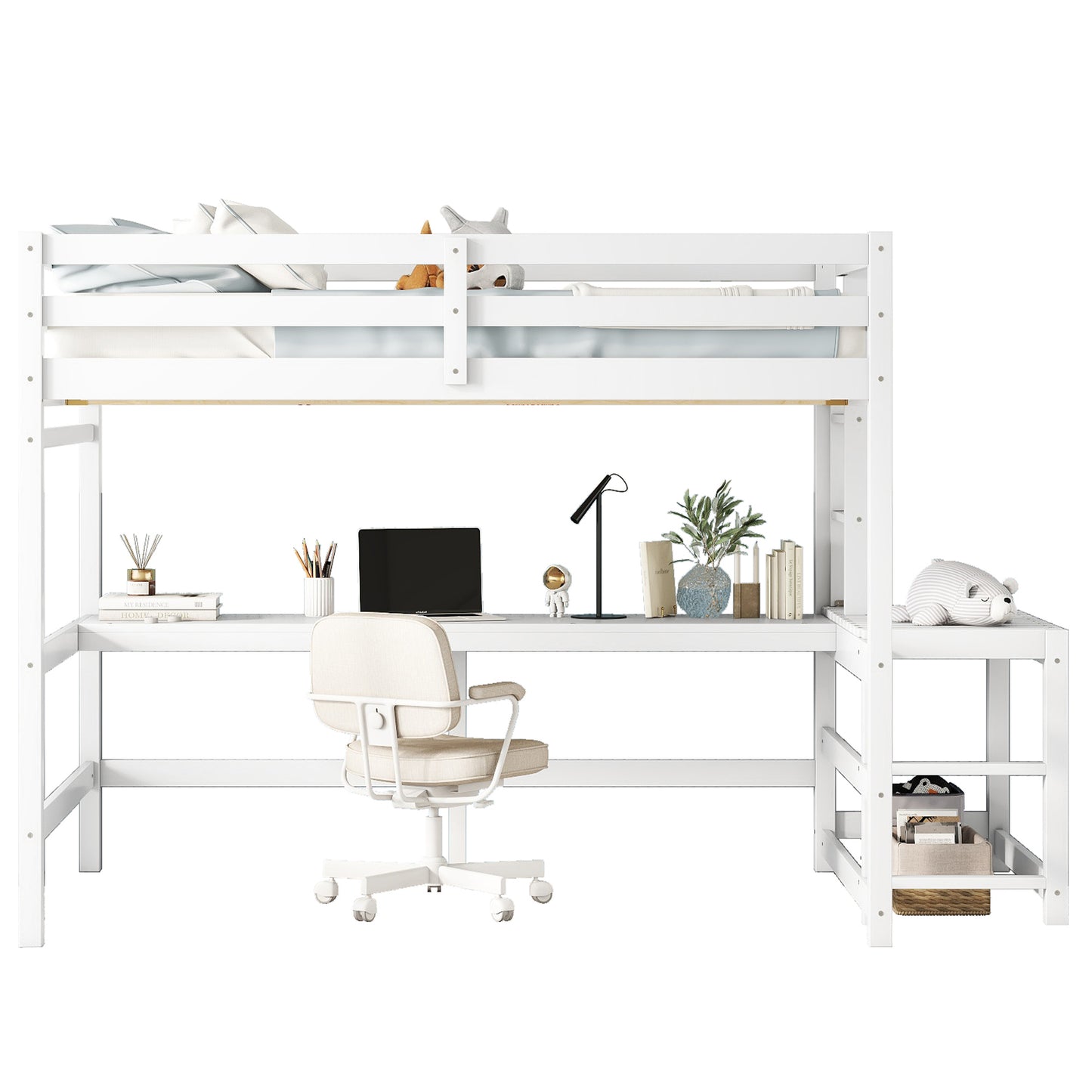 Full Loft Bed with Built-in Desk, Ladder Platform, Ladders, Guardrails,White