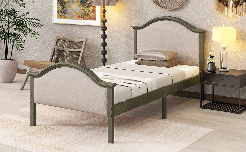 Twin Bed with Upholstered Headboard and Footboard, with Slats,Grey