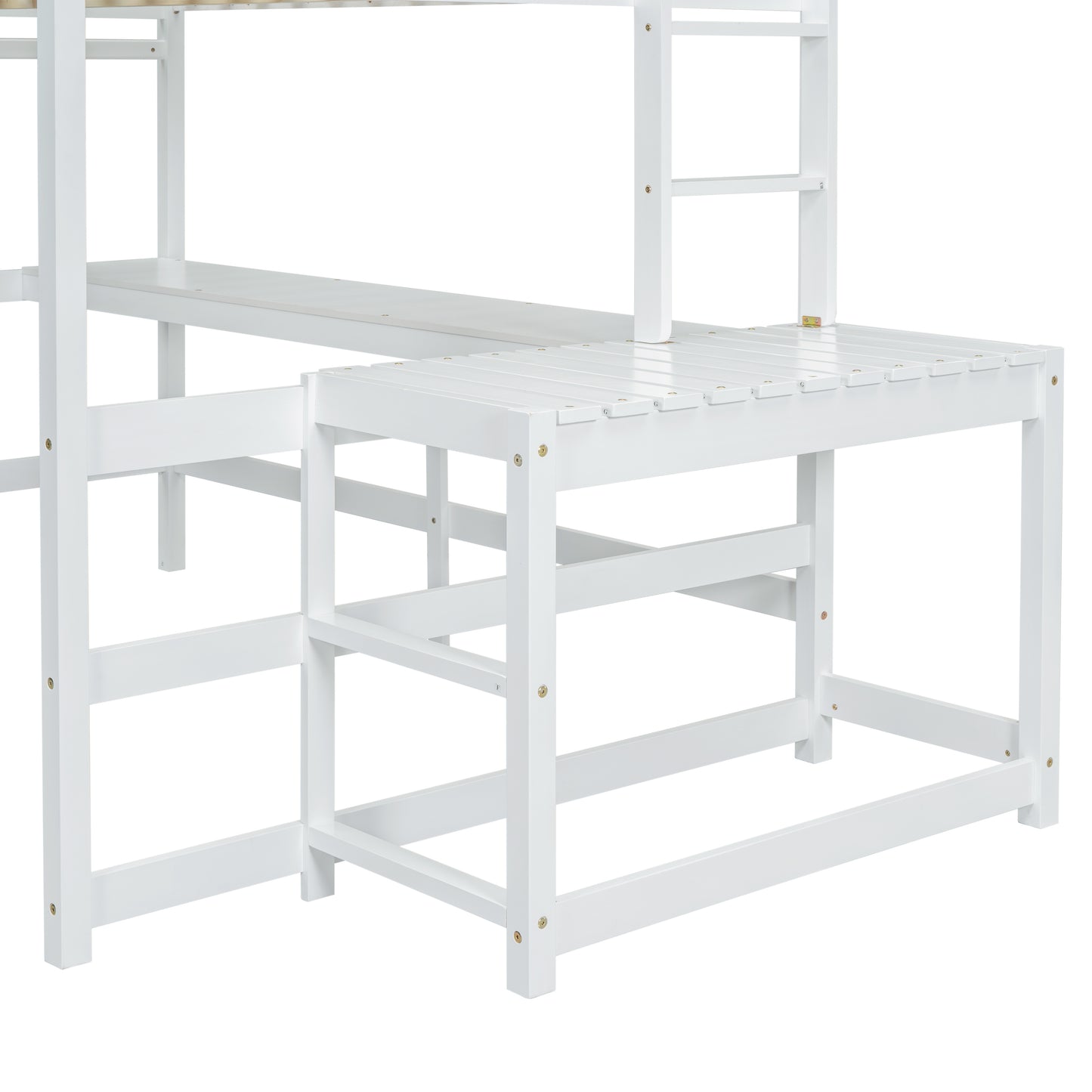 Full Loft Bed with Built-in Desk, Ladder Platform, Ladders, Guardrails,White