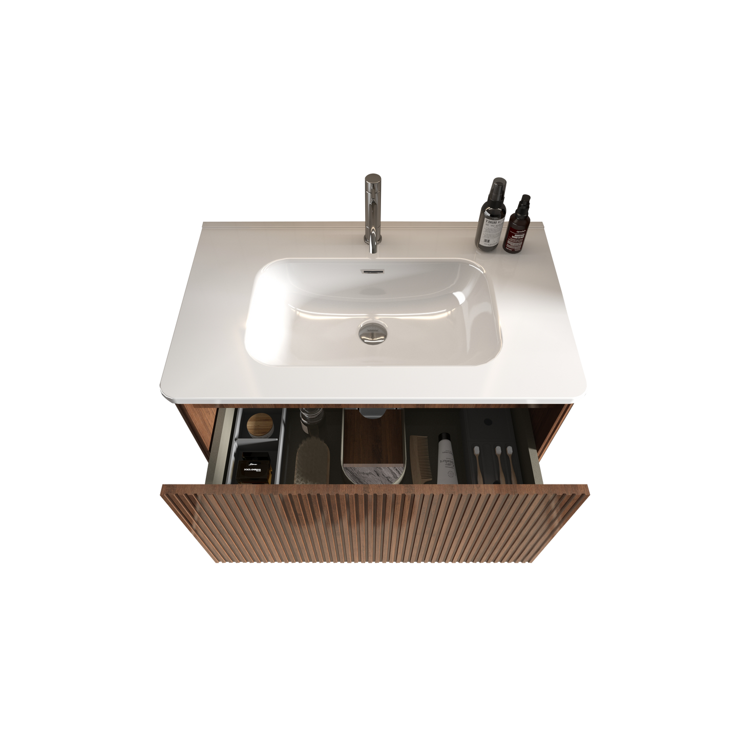 U047-Etna30W-305 Etna 30" Striped Walnut Bathroom Vanity with White Ceramic Sink, Wall Mounted Floating Bathroom Vanity for Modern Bathroom, Pre-assembled