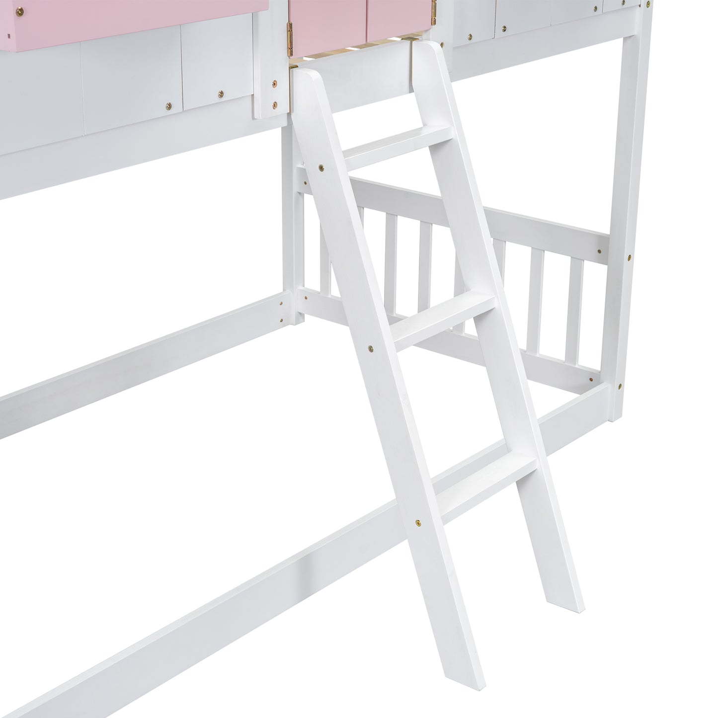 Twin over Twin House Bunk Bed with Roof , Window, Window  Box, Door , with Safety Guardrails and Ladder, Pink/White