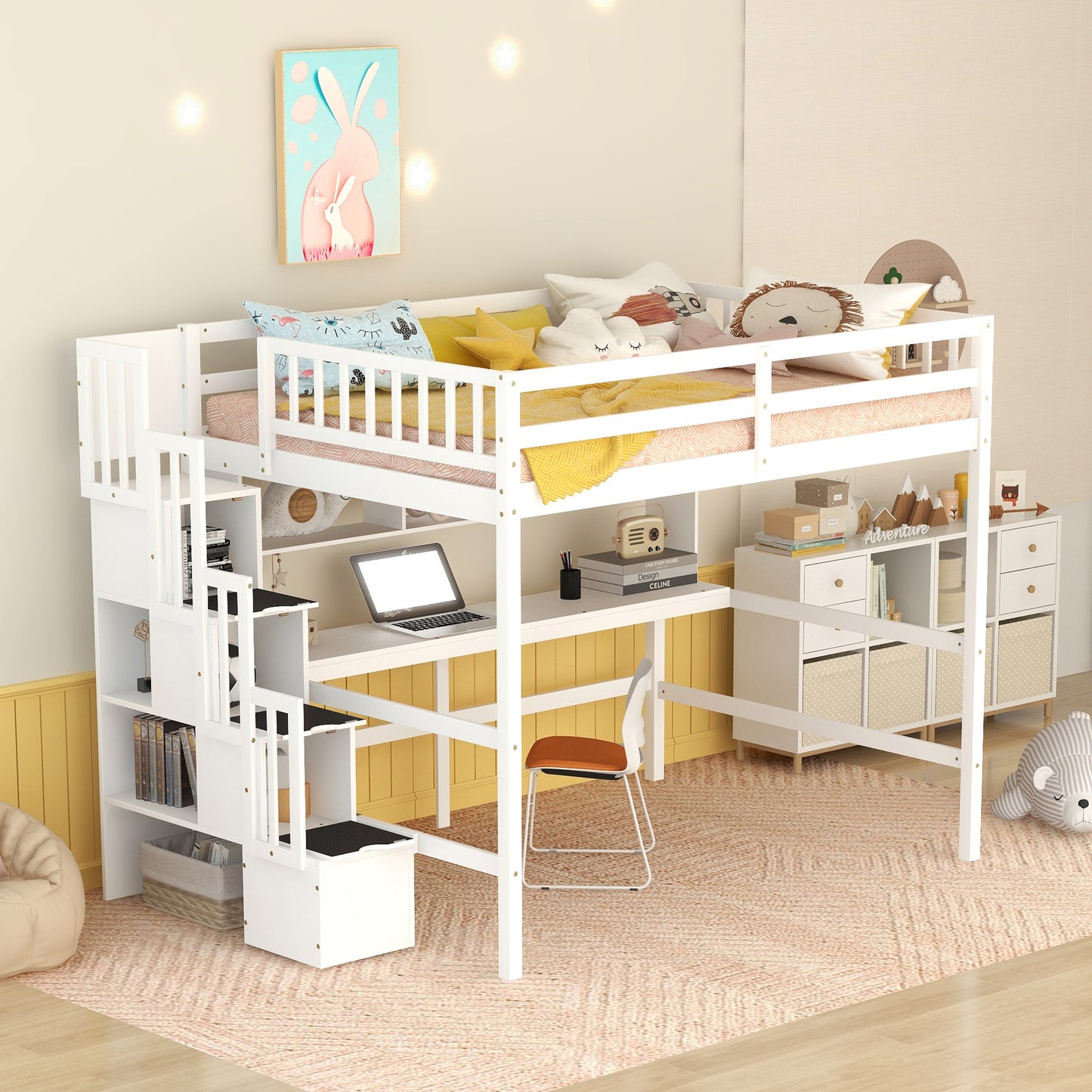 Full Size Loft Bed with Built-in Desk, Bookshelves and Storage Staircase,White(Old SKU:W504S00110)