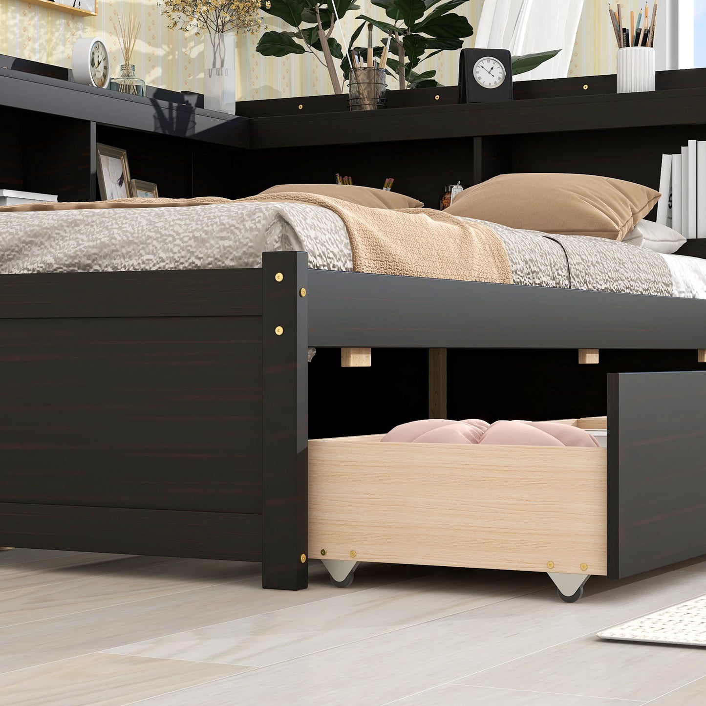 Full Bed with L-shaped Bookcases, Drawers ,Espresso