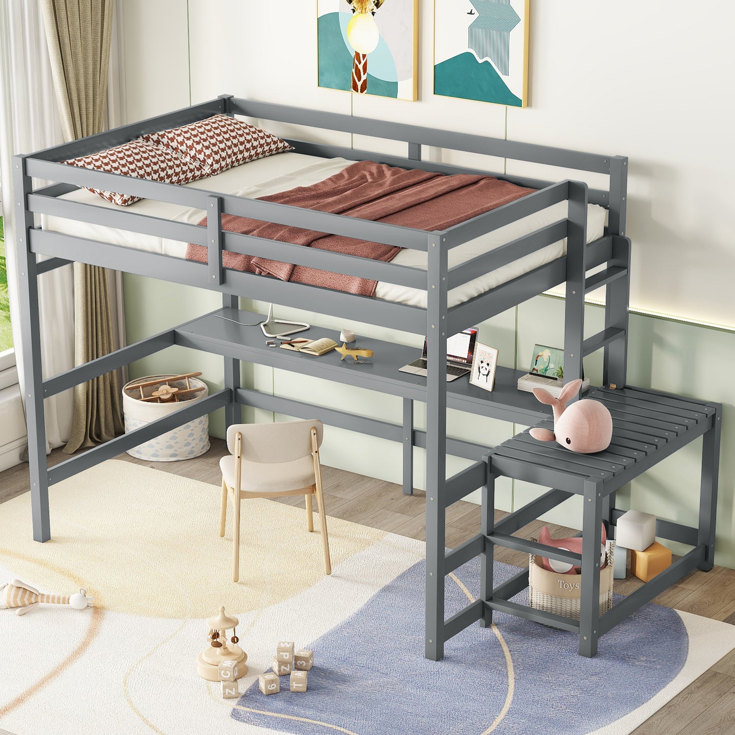 Full Loft Bed with Built-in Desk, Ladder Platform, Ladders, Guardrails,Grey