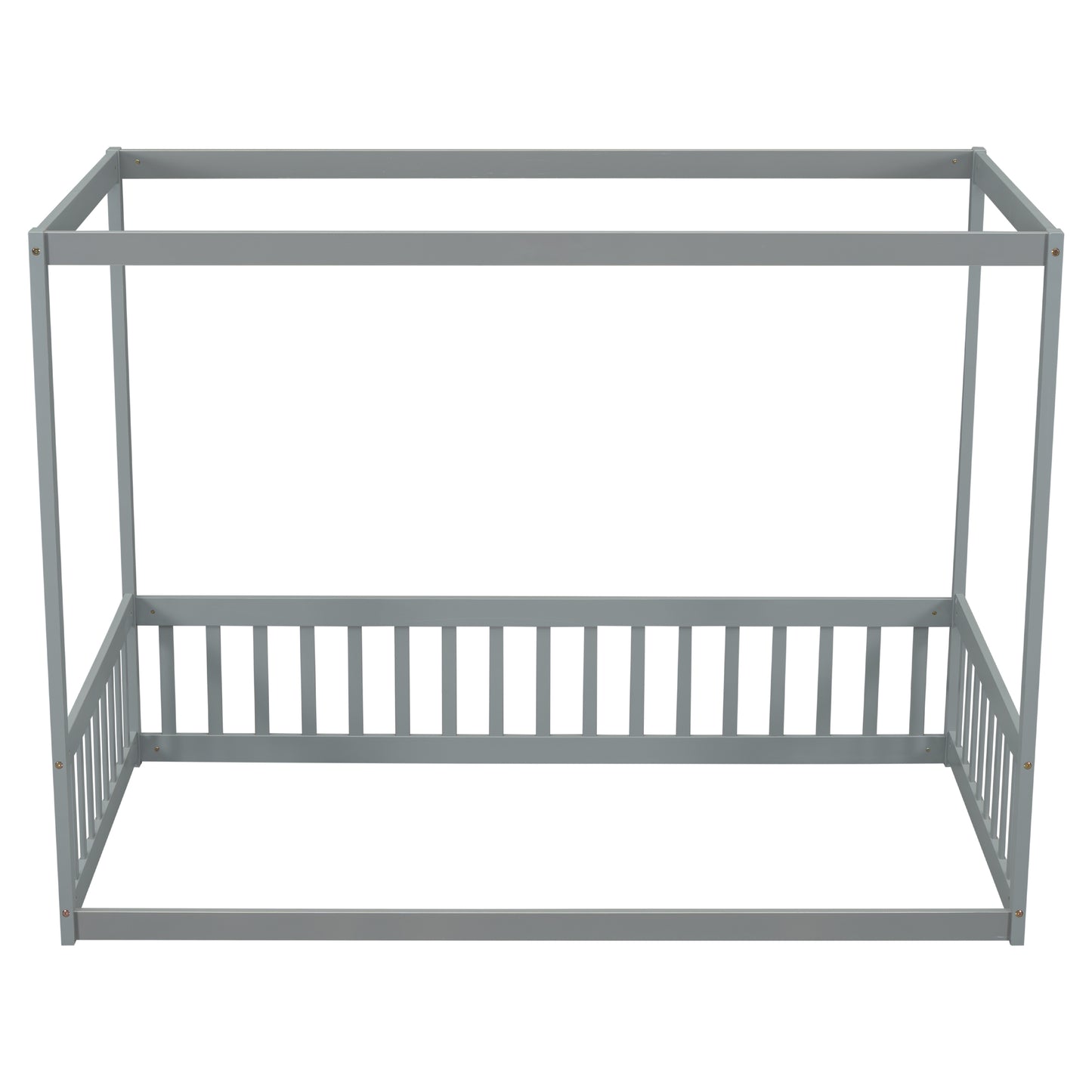 Twin Size Canopy Frame Floor Bed with Fence, Guardrails,Grey