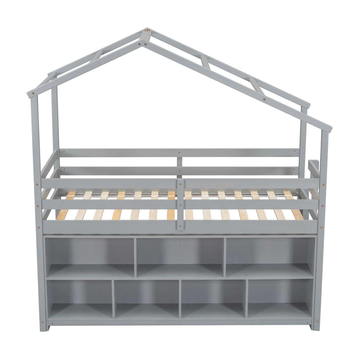 Twin House Loft Bed with Roof Frame, Under Bed Shelving Storage Unit, Guardrails, Ladder,Grey