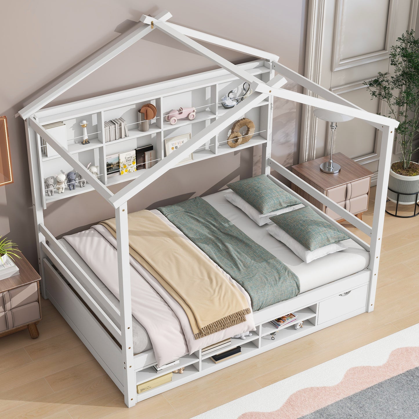 Full House Bed with Roof Frame, Bedside-shelves, Under Bed Storage Unit,White