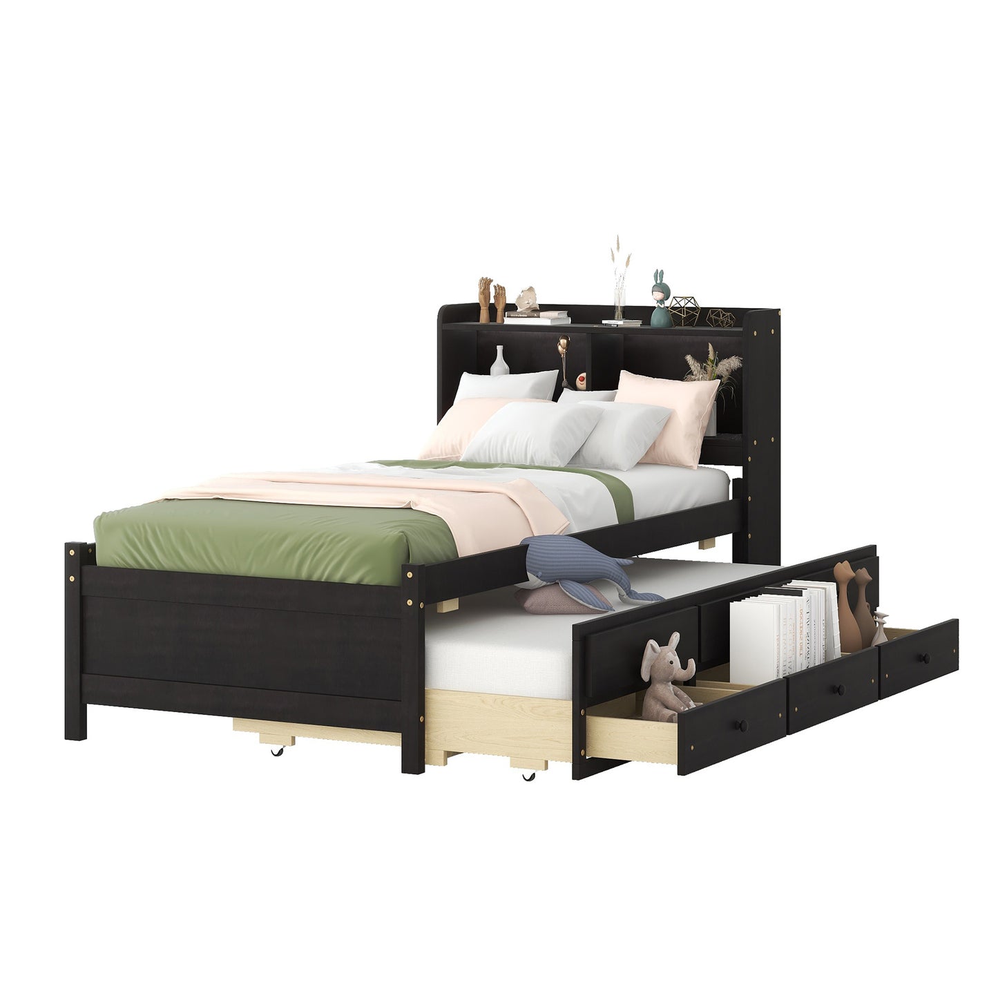 Twin Size Bed with  built-in USB ,Type-C Ports, LED light, Bookcase Headboard, Trundle and 3 Storage Drawers, Twin Size Bed with  Bookcase Headboard, Trundle and Storage drawers ,Espresso