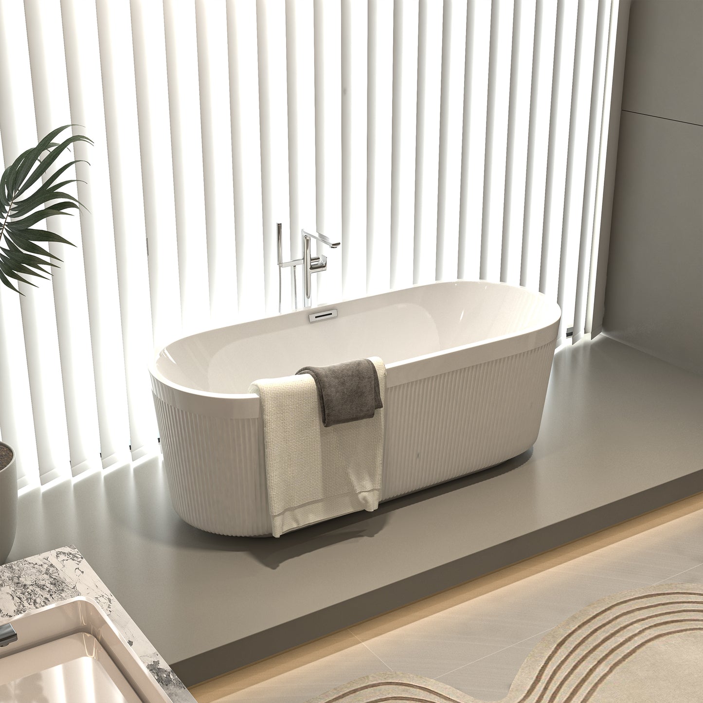 67" Acrylic Freestanding Bathtub with Unique Pleated Design: Spacious Oval Shape, Gloss White Finish, Brushed Nickel Overflow & Pop-Up Drain