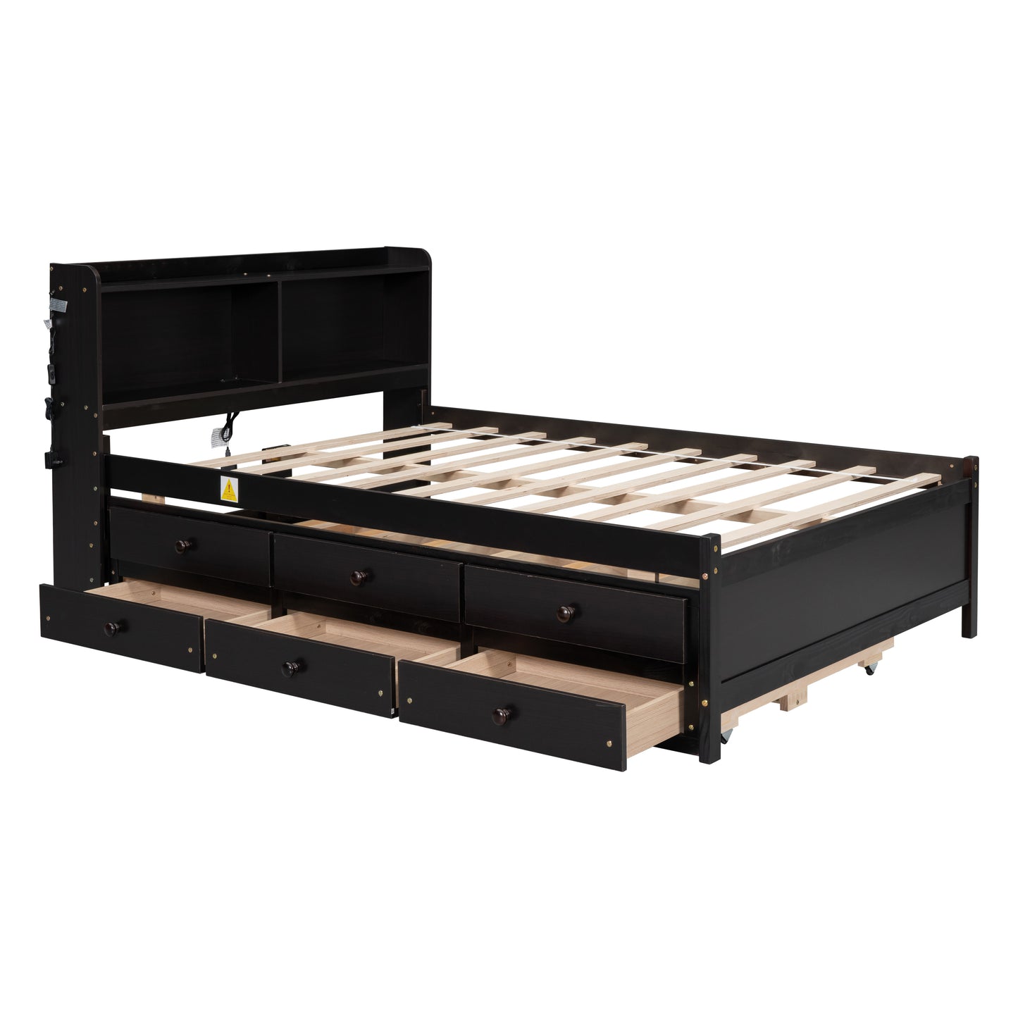 Full Size Bed with USB & Type-C Ports, LED light, Bookcase Headboard, Trundle and 3 Storage Drawers , Full Size Size Bed with  Bookcase Headboard, Trundle and Storage drawers,Espresso