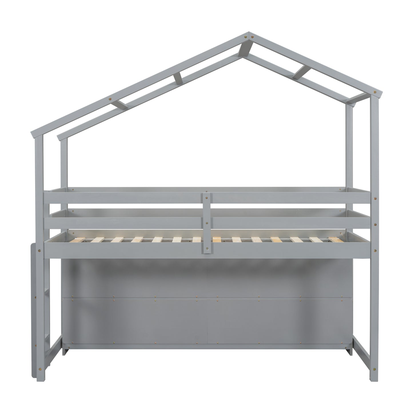 Twin House Loft Bed with Roof Frame, Under Bed Shelving Storage Unit, Guardrails, Ladder,Grey