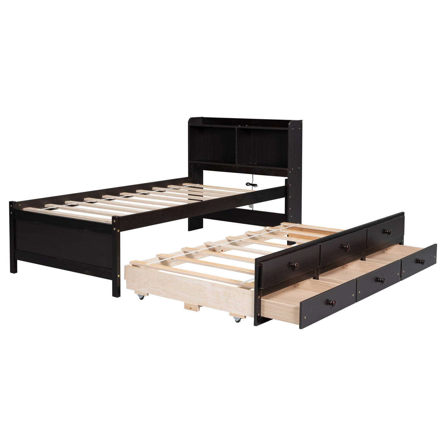 Twin Size Bed with  built-in USB ,Type-C Ports, LED light, Bookcase Headboard, Trundle and 3 Storage Drawers, Twin Size Bed with  Bookcase Headboard, Trundle and Storage drawers ,Espresso