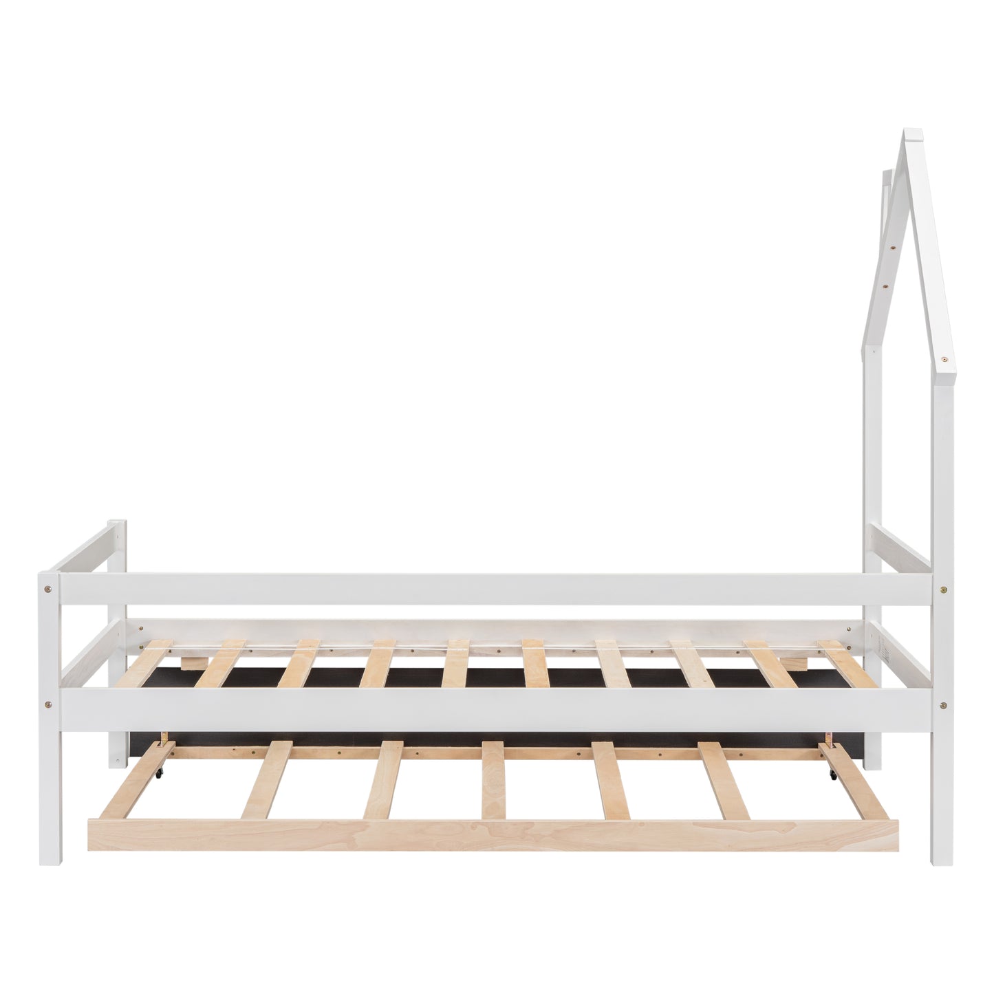 Twin House Wooden Daybed with trundle, Twin House-Shaped Headboard  bed with Guardrails,White