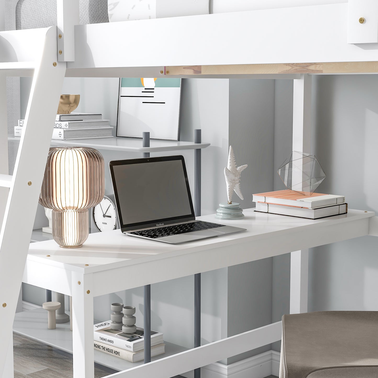 Loft Bed Full with desk,ladder,shelves , White