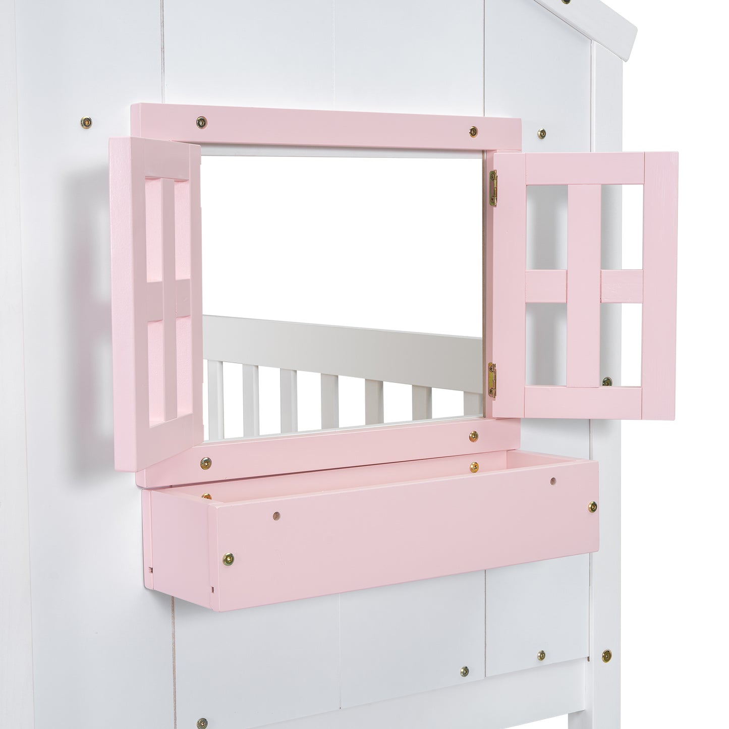 Twin over Twin House Bunk Bed with Roof , Window, Window  Box, Door , with Safety Guardrails and Ladder, Pink/White