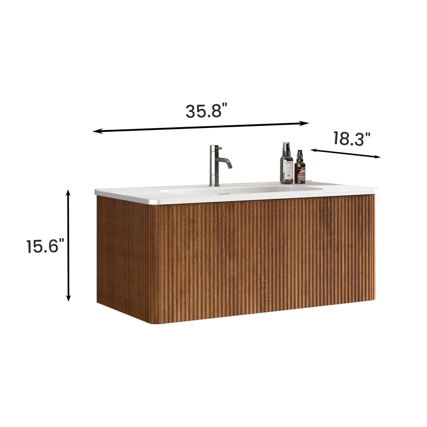 U048-Etna36W-305 Etna 36" Striped Walnut Bathroom Vanity with White Ceramic Sink, Wall Mounted Floating Bathroom Vanity for Modern Bathroom, Pre-assembled