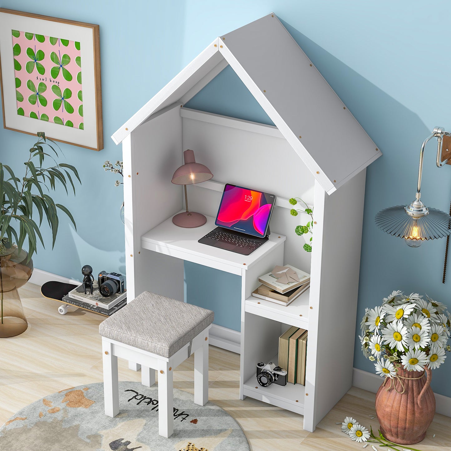 House-Shaped Kids Desk with a cushion stool,House-Style Desk and Stool Set,White