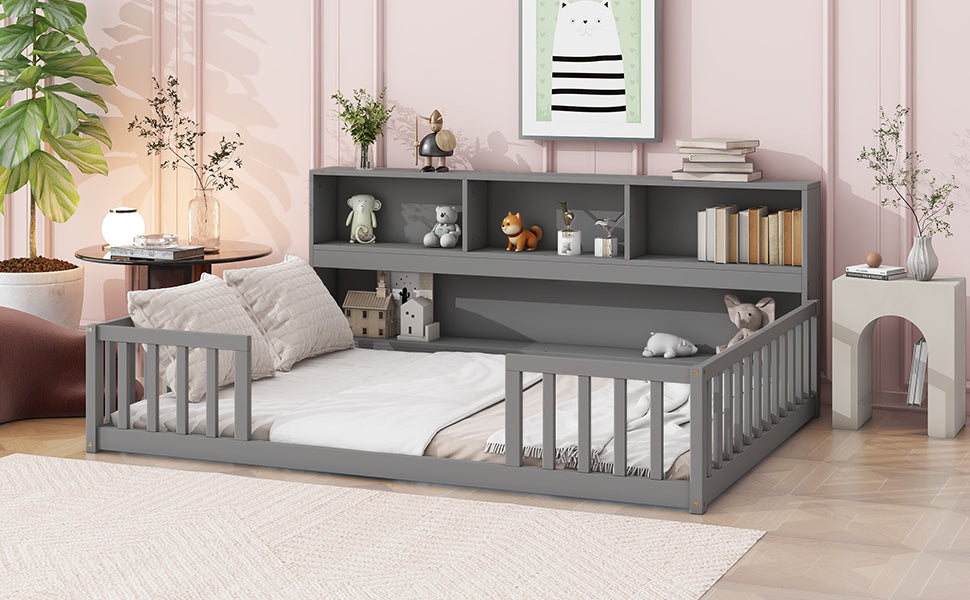 Full Floor Bed with Side Bookcase,Shelves,Guardrails,Grey