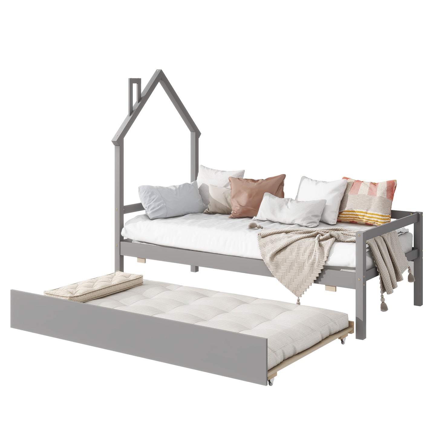 Twin House Wooden Daybed with trundle, Twin House-Shaped Headboard  bed with Guardrails,Grey