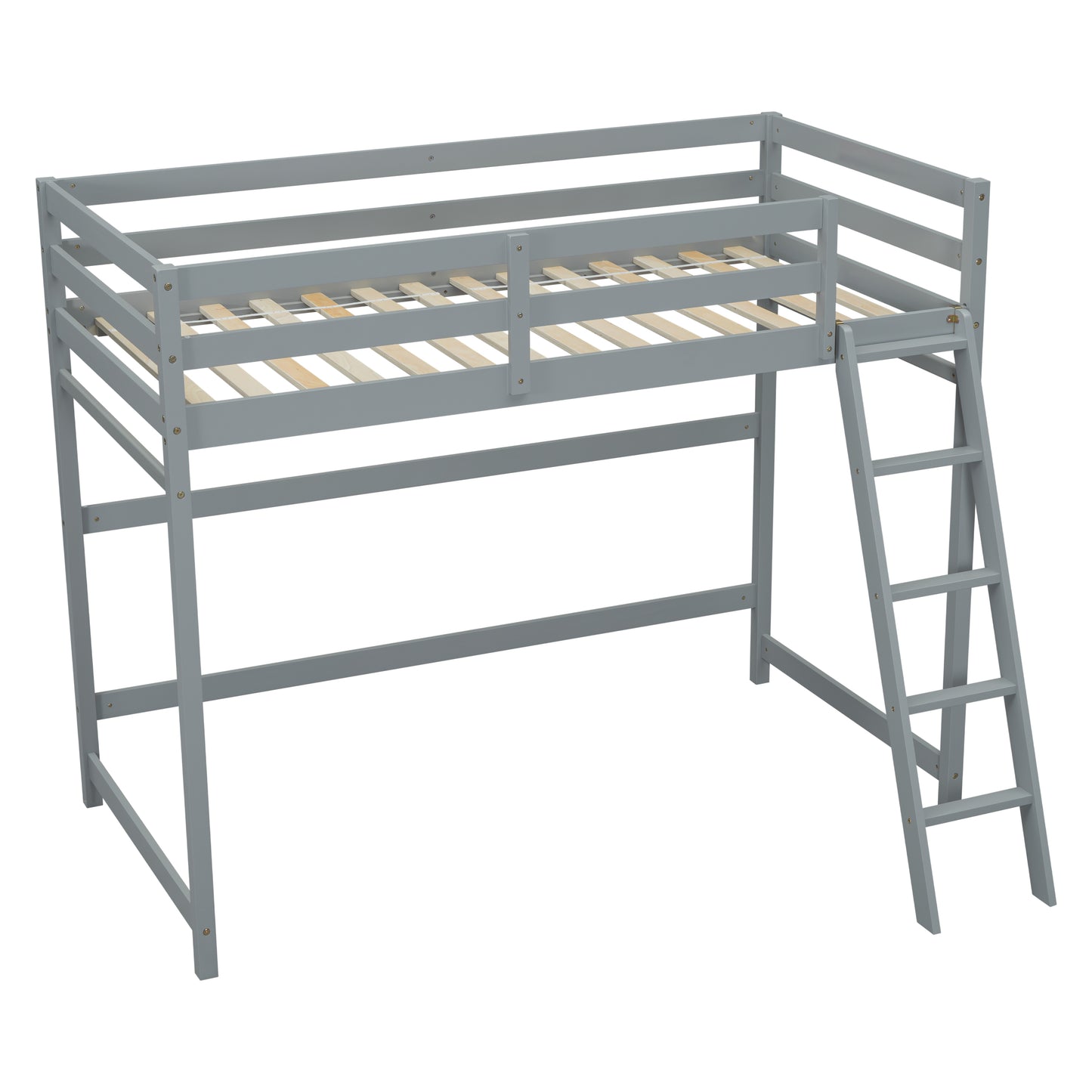 Twin Size High Loft Bed with inclined Ladder, Guardrails,Grey