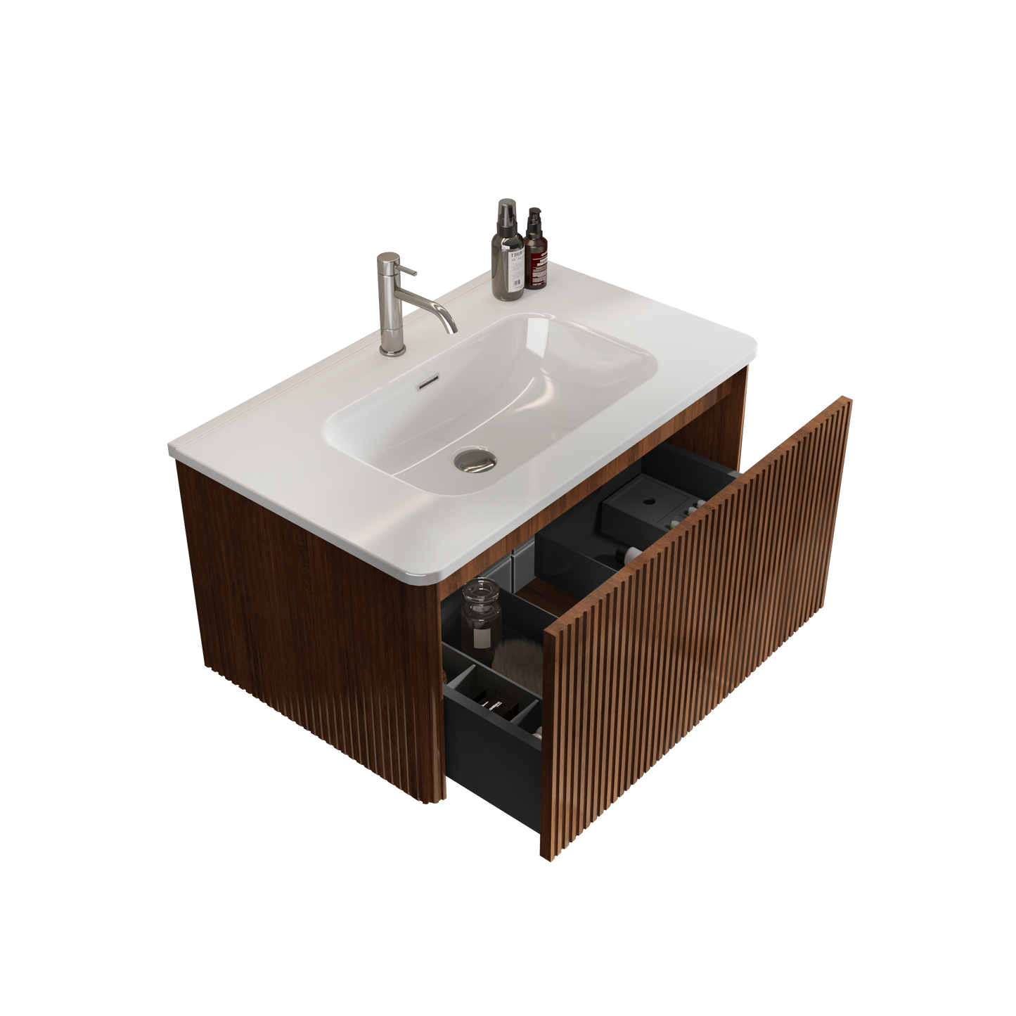 U047-Etna30W-305 Etna 30" Striped Walnut Bathroom Vanity with White Ceramic Sink, Wall Mounted Floating Bathroom Vanity for Modern Bathroom, Pre-assembled